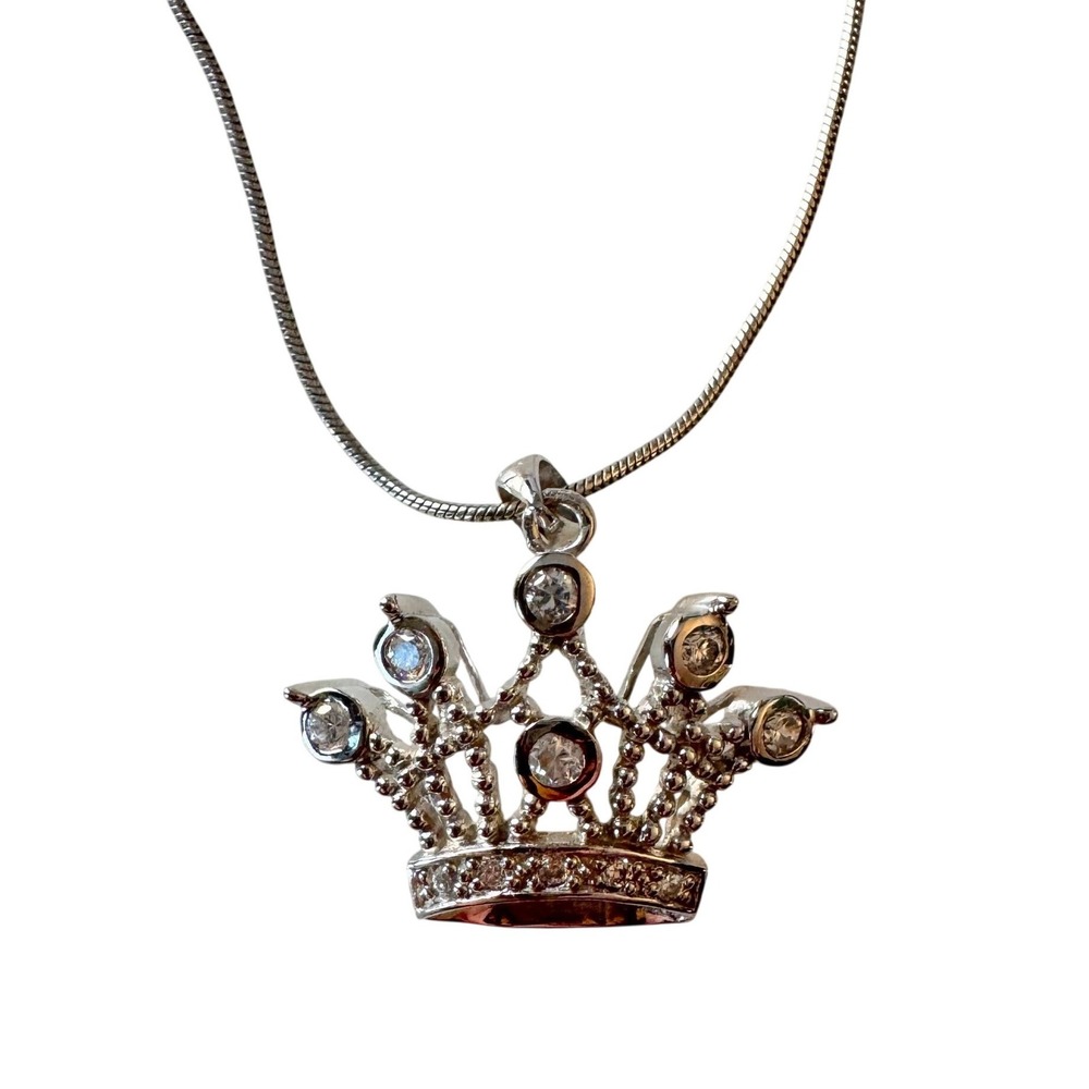 Vintage Crown Pendant Cubic Zirconias Sterling Silver Dainty Feminine‎ Royal
